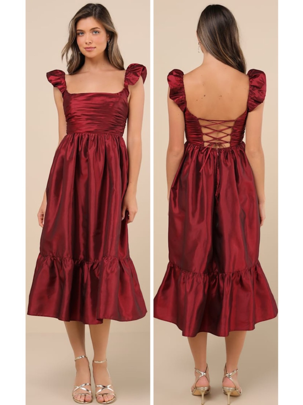 Lulus Poised Passion Wine Red Taffeta Pleated Ruffled Midi Dress Size XS formal